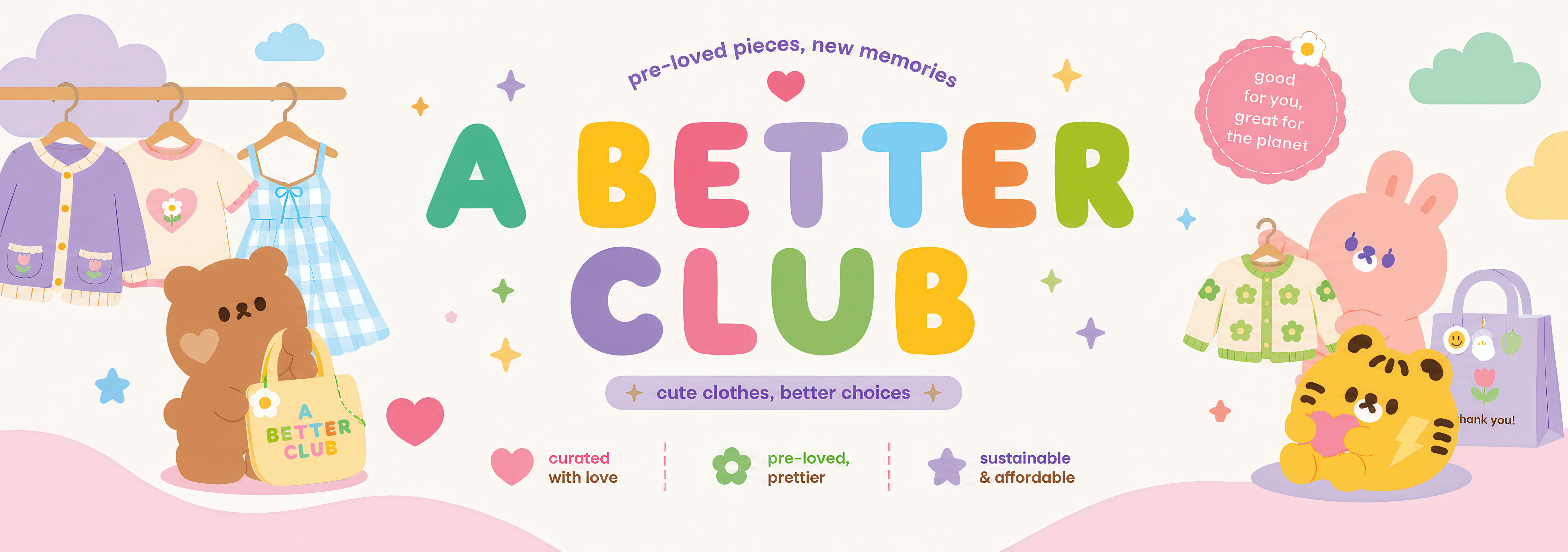 A Better Club pastel banner with clothing, friendly characters, and colorful brand lettering.